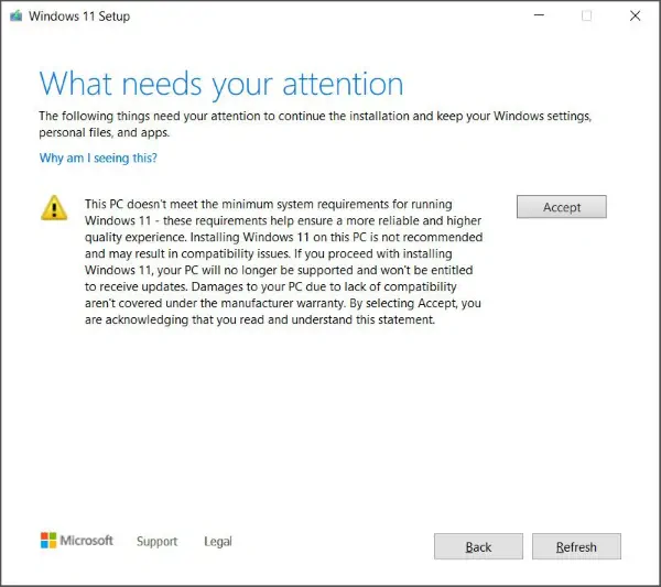Installare Windows 11 senza requisiti - Messaggio iniziale di warning